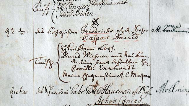 Taufbucheintrag Caspar David Friedrichs. Ausschnitt aus dem Taufbuch der Domgemeinde aus dem Jahre 1774, © Caspar-David-Friedrich-Gesellschaft Taufbucheintrag Caspar David Friedrichs